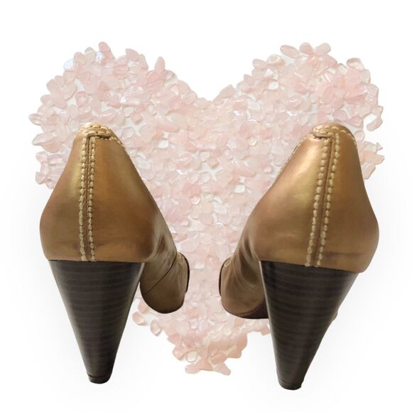 FOSSIL Gold Leather Block Heels, Peep toe with buckle, Women's Size 8 1/2 - Picture 7 of 13